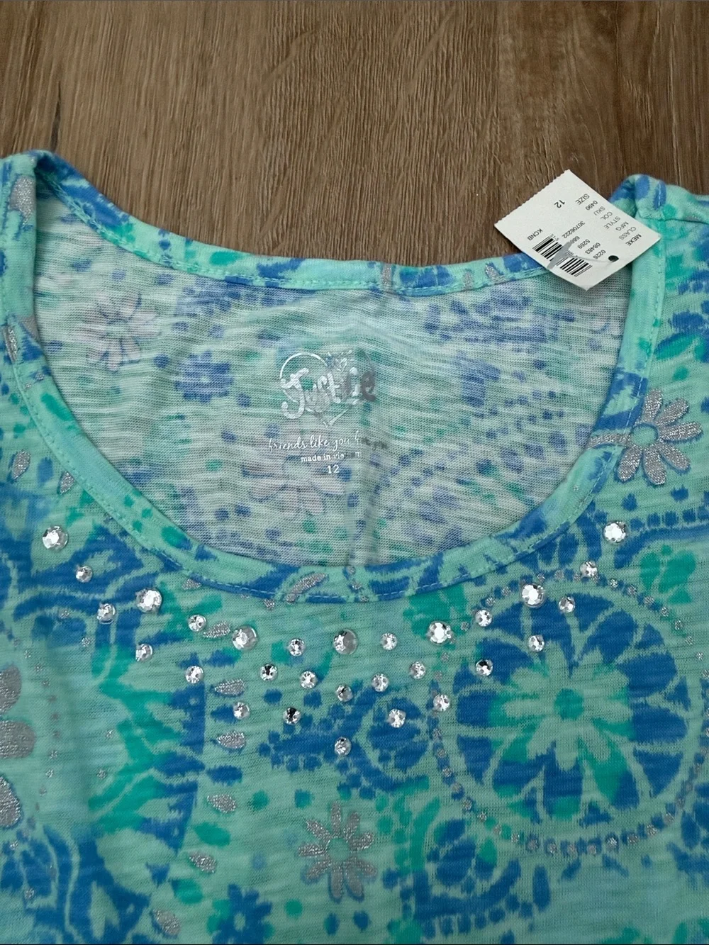 Justice Girl’s Aqua and Teal Floral Rhinestone Tank Top, Size 12